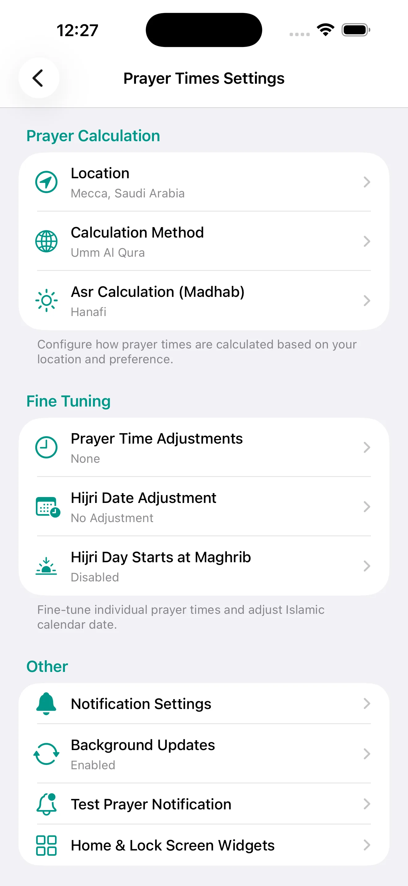 Prayer times settings with calculation method and madhab options
