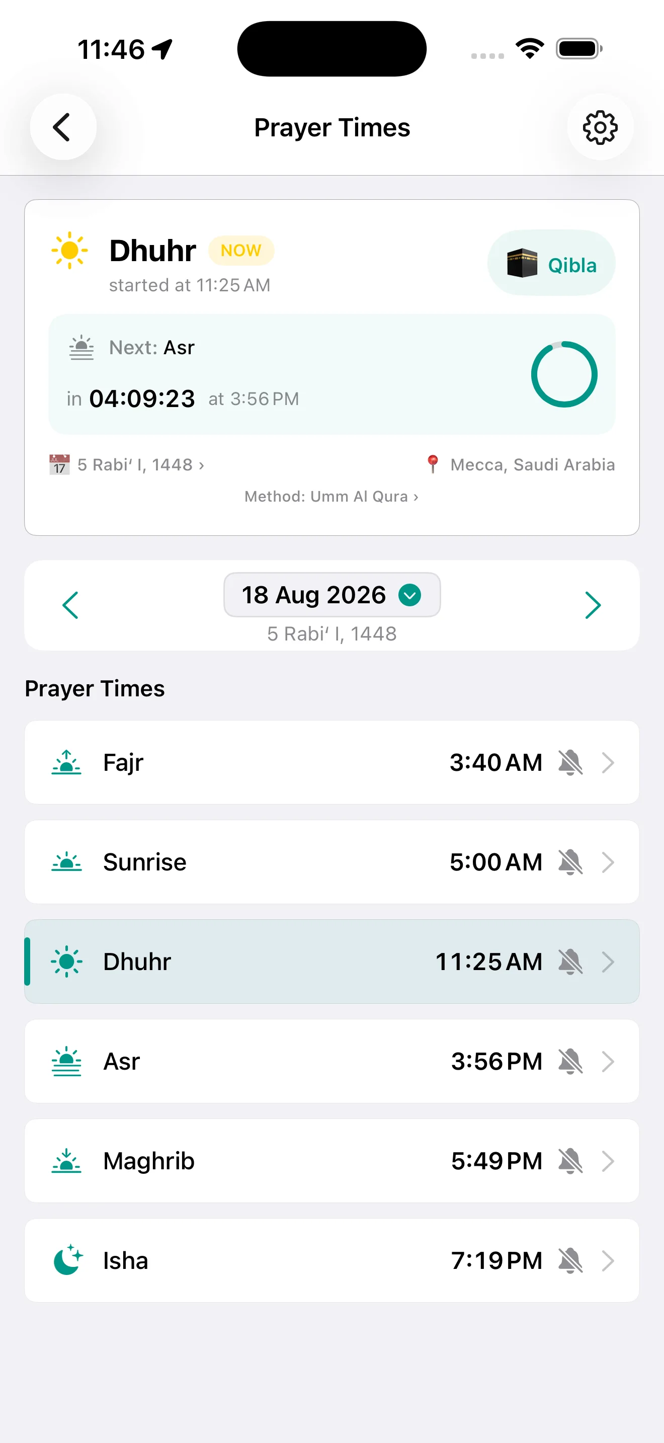Prayer times for the day with Qibla and a countdown to the next prayer