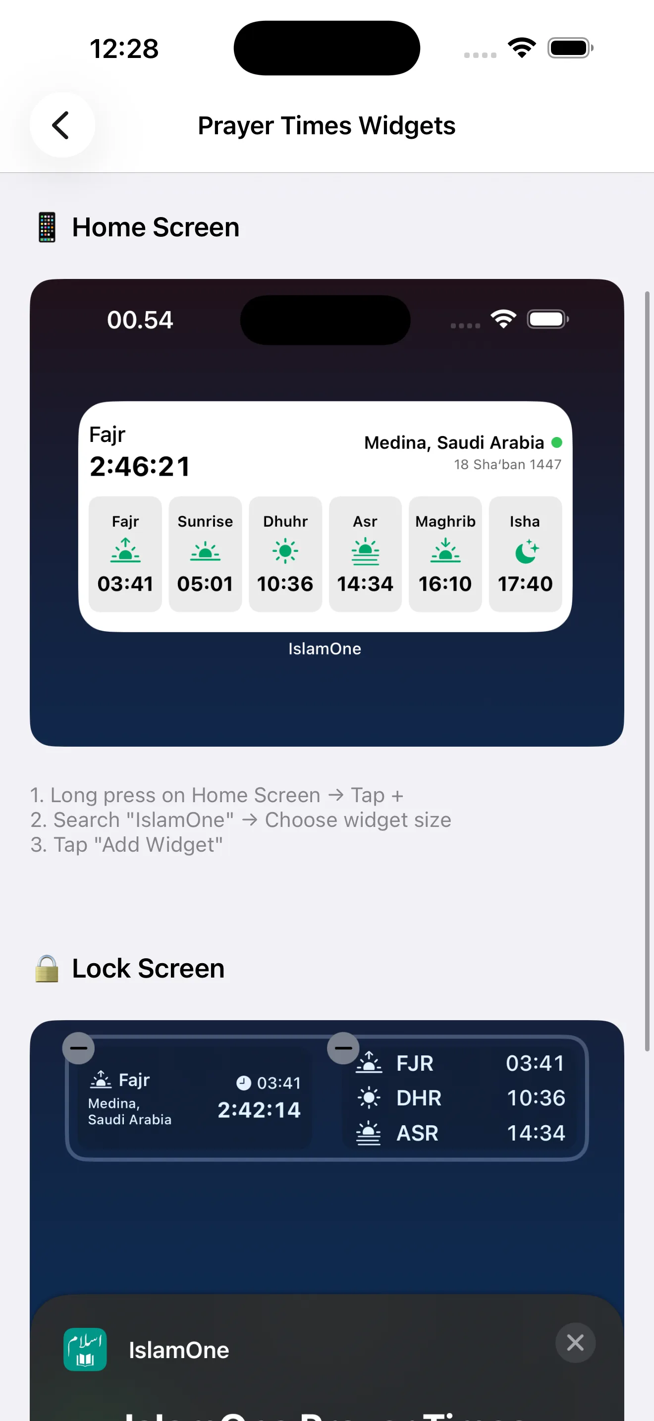 Prayer times widget on the phone home screen showing all six times