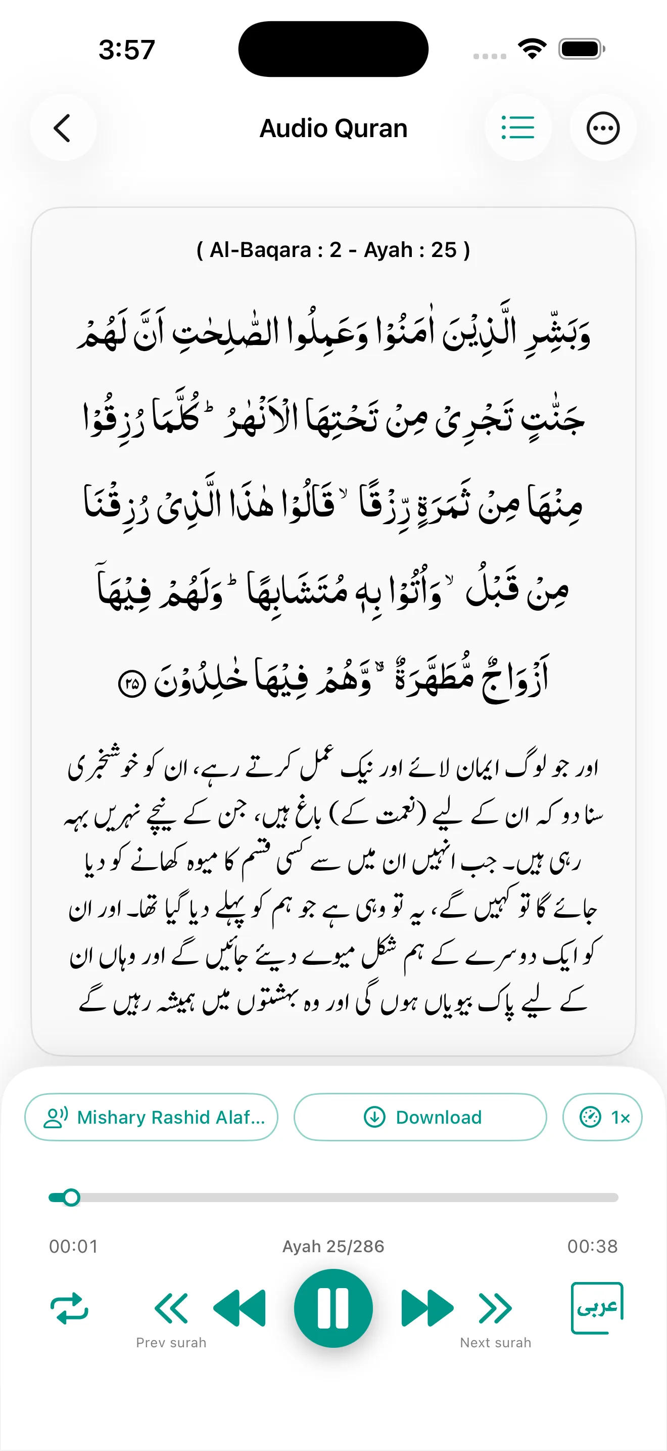 Audio Quran playing a verse with its Urdu translation