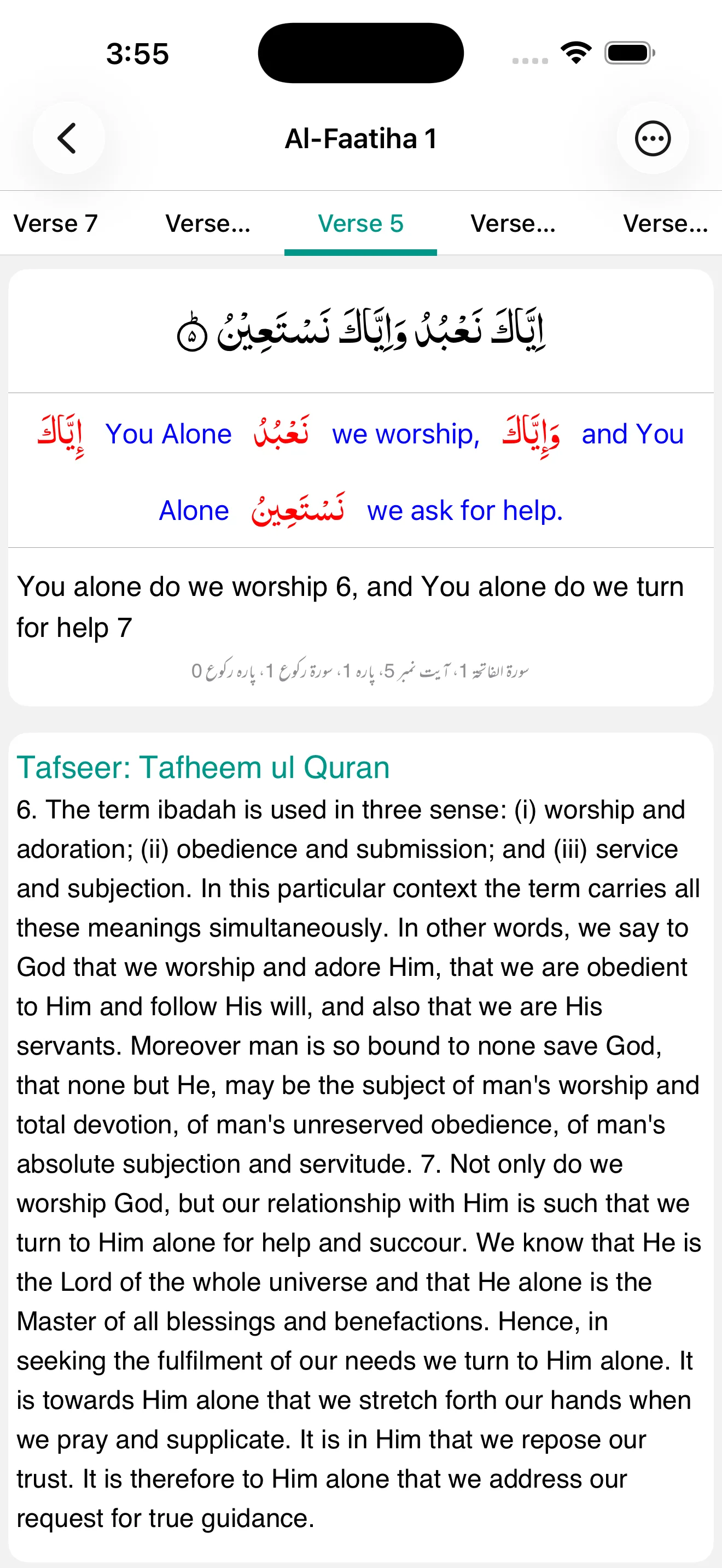 A verse with word-by-word English and Tafheem ul Quran commentary