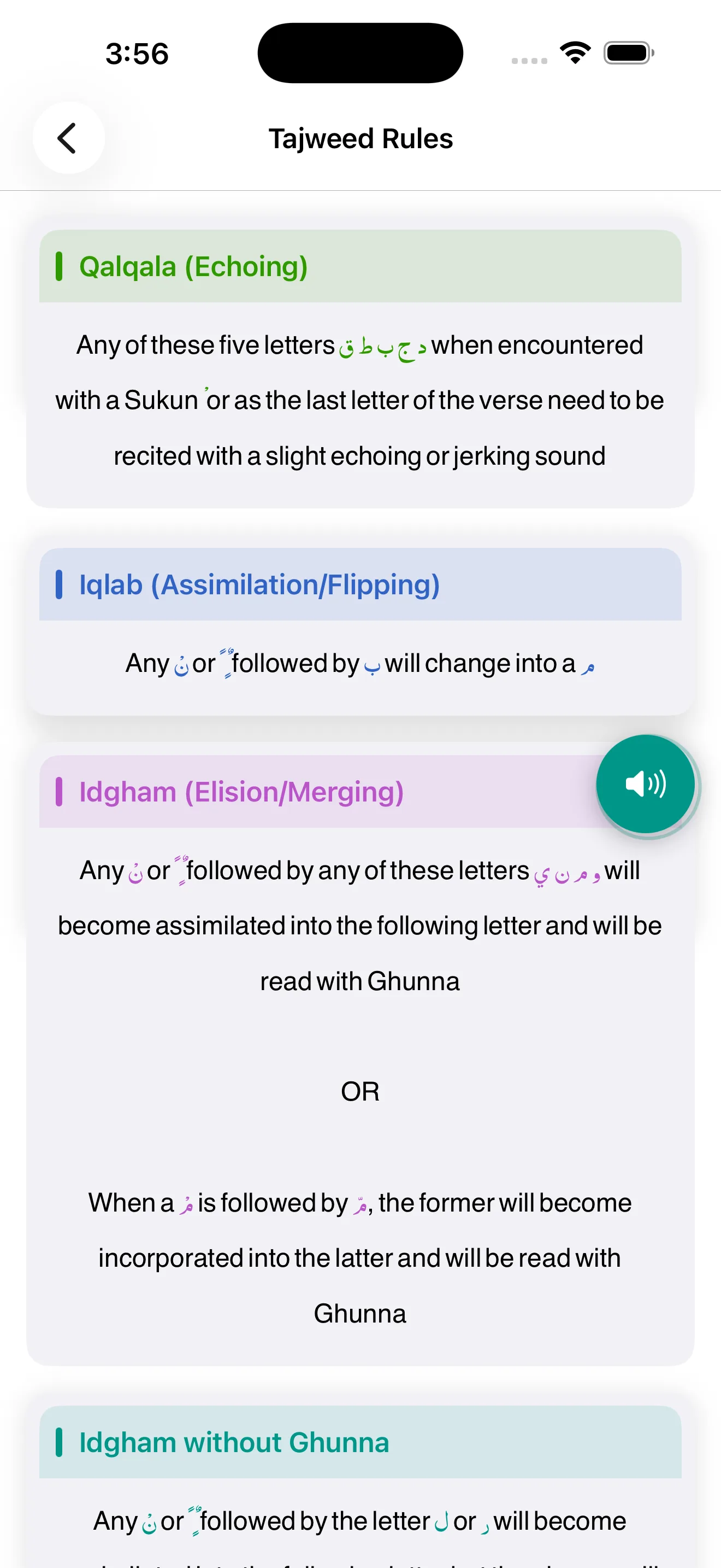 The built-in tajweed rules reference explaining Qalqala, Iqlab and Idgham